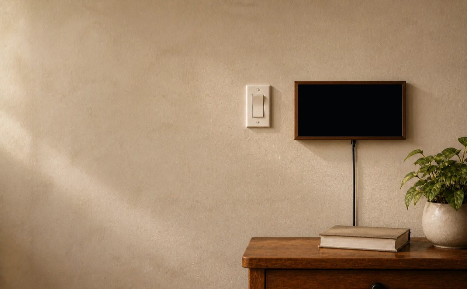Compact Niblet One mounted on the right side of a warm plaster wall with its cable routed below