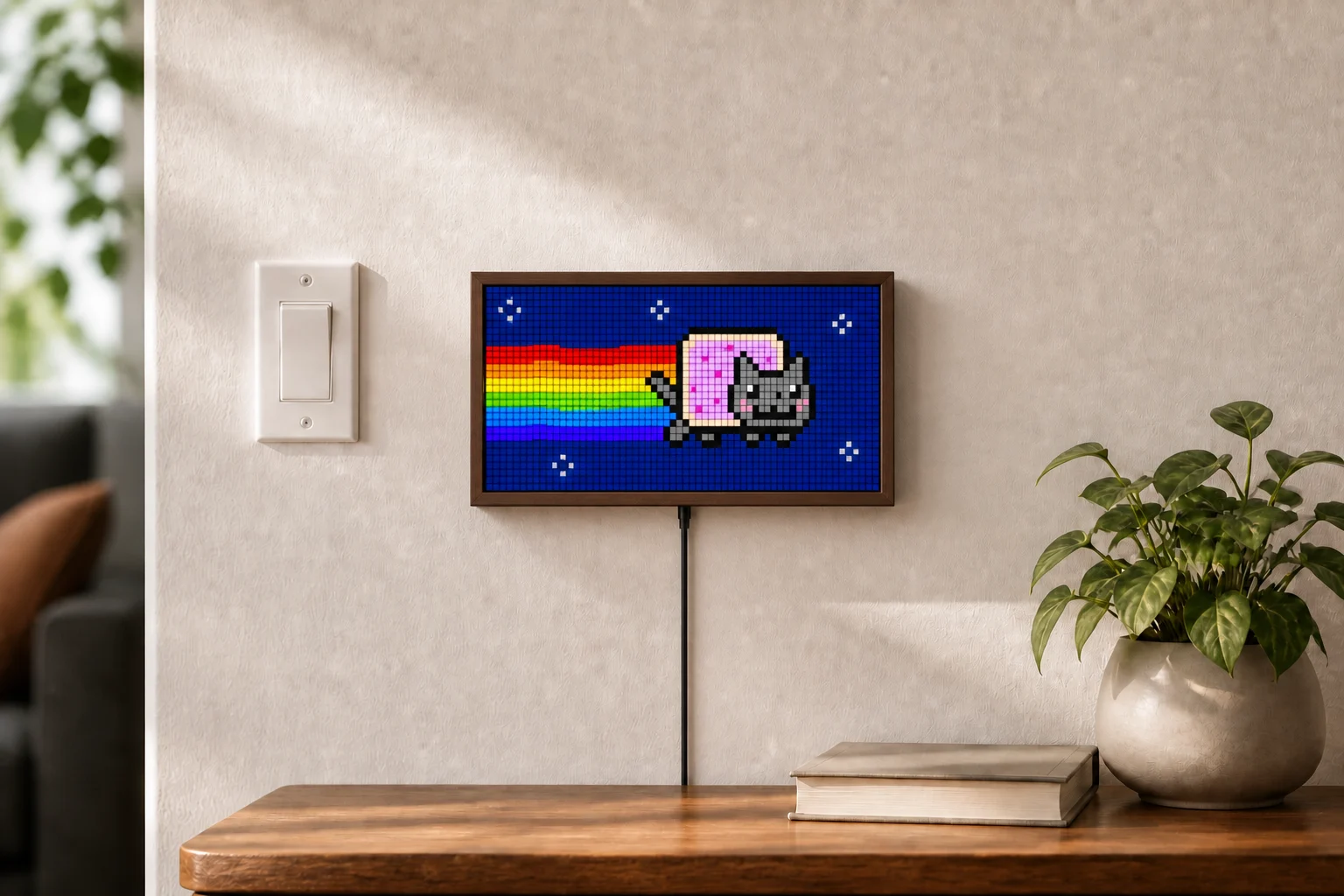Niblet One mounted close to a wall with its cable routed from below
